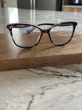 Betsey Johnson Black Floral Cat-Eye Glasses with Rhinestone Brow